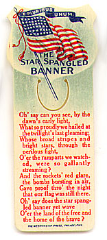  This bookmark was made in the US by the Westminster Press of Philadelphia, PA. It is a celluloid bookmark with the star spangled banner printed on the front. The top is in the shape of a shield with a US flag and a ribbon on top with "E. Pluribus Unum." The date is 1905 - 1915.   