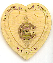  This bookmark was made in the US by Baldwin & Gleason Co. Ltd. of NY. It is a celluloid religious bookmark in the shape of a heart made for the Young Peoples Society of Christian Endeavor. The date is 1905 - 1915. 