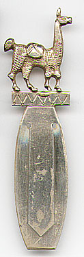 This bookmark was made in Peru probably in the 1970's. It is marked Peru 925 and some sort of hallmark. The top is a figural Llama with a saddle on it's back.  