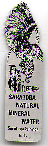  This bookmark was made in the US the NJ Aluminum Co. of Newark NJ. It is an aluminum diecut advertising bookmark for Saratoga Natural Mineral Water. the top is a native American in full feather headdress. The date is 1900 - 1910.    