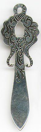 This bookmark was made in the US by George W. Shiebler & Co. It is marked with the makers hallmark, sterling and the number 2628. The top is an art nouveau design. The date is 1891 - 1910.