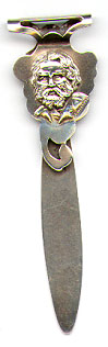 This bookmark was made in the US by Watson Company. It is marked only sterling on the back. The top is a figural bust of a man named Mitchell. The date is 1890 - 1910.