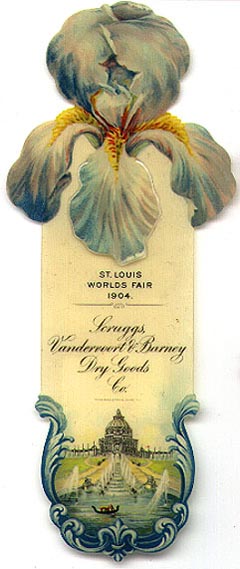 This bookmark was made in the US by the Whitehead and Hoag Company. It is a celluloid advertising bookmark for the Scruggs, Vandervoort & Barney Dry Foods Co. at the St. Louis Worlds Fair of 1904. The top is a light blue iris flower.  
