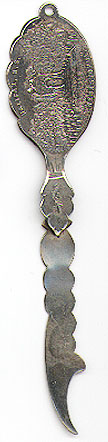 This bookmark was made in Canada between 1920 - 1930. It is marked Sterling with a hallmark. The top says Halifax, N.S. and Sebastopol. It has a picture of an Arch with an animal on top with trees on either side.