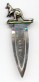 This bookmark was made in Birmingham, England in 1900. It is marked with the standard hallmarks for that city and date and also with the manufacturer mark JC&Co Ltd. The top is a figural of a kangaroo.
