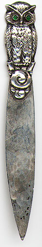 This bookmark was made in Denmark in 1923 as marked in the hallmark. It is a figural owl with green glass eyes. It only has one blade so it is probably a letter opener but it can also be used as a bookmark.
