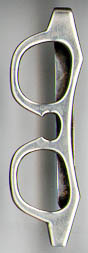 This bookmark was made in the US by an unknown manufacturer. It is probably not a bookmark at all but most likely a tie clip. It is marked sterling Victory Optical. It is in the shape of eye glasses. The date is 1960 - 1970.