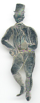 This bookmark was made in the US by J. F. Fradley & Co., a small New York silver manufacturer in business from 1870 - 1936. It is in the shape of a man, Sam Weller, the servant of Samuel Pickwick from the book The Pickwick Papers by Charles Dickens. It is marked Sterling, and the cross hallmark. Also inscribed on the back is "Sam Weller". Date is 1890 - 1936.  