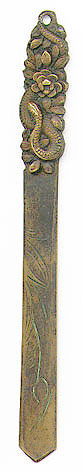 This bookmark was made in Japan between 1900 - 1910. It is a high relief figural of a snake wrapped around some flowers. It is unmarked.  
