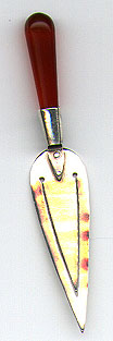 This bookmark was made in an unknown country by an unknown manufacturer. It is marked only 925 at the base of the handle. It is in the shape of a trowel with a carnelian handle. The date is 1998. 
