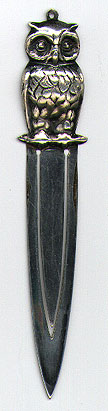 This bookmark was made in Sweden. It is marked JLH, the Swedish import marks and 830. The top is a figure of an owl. The date is 1920 - 1930.  