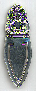 This bookmark was made in the US by an unknown manufacturer. It is marked only Sterling on the back. It has a Jensen-like pattern on the top. The date is 1980 - 1990. 