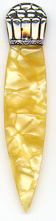 This bookmark was made in Sweden. It is marked 800 and the letter S. It is a silver top and either a celluloid or a casein blade. It is more a page cutter than a bookmark but can be used as either. The date is 1910 - 1920. 