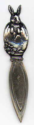 This bookmark was made in the US by Webster Co. It is marked only sterling. It is a figural of the Easter Bunny popping out of an Easter egg. This was made in 1913 and was sold as a letter opener.  