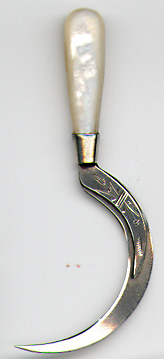 This bookmark was made in the US by an unknown manufacturer. It is marked sterling on the back. It is in the shape of a sickle with a mother of pearl handle. The date is 1900 - 1910.  