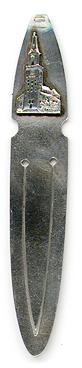This bookmark was made in Finland by an unknown manufacturer. It is marked with the number 813 for 830 fine silver.  The top has a figural of a church. The date is 1920 - 1930.