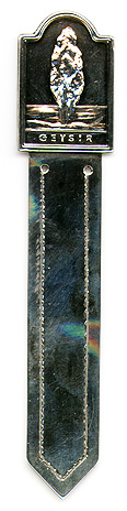 This bookmark was made in Iceland. It is marked 925S GB. The top is a figural of a geyser erupting with the word Geysir underneath it. The date is 1950 - 1960.