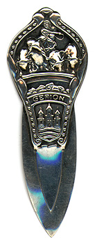This bookmark was made in Denmark. It is marked 830S N & A. The top is a scene of the Danish queen who turned her sons into bulls to plow out land from the Scandinavian peninsula to form Denmark. Underneath is the word Gerion, a city in Denmark. The date is 1920 - 1930.