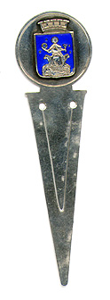 This bookmark was made in Norway. It is marked 925S N. The top is a shield in blue enamel. The date is 1920 - 1930.