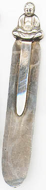 This bookmark was made in the US by an unknown manufacturer. It is marked only sterling on the back. The top is a detailed figural of Budda. The date is 1900 - 1910.  