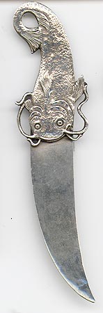 This bookmark was made in the US by Gorham Mfg. Company. It is marked with the manufacturers mark, sterling and 47, the number from the Autumn 1888 catalogue. The top blade is a highly detailed figural catfish. 
