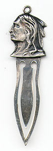 This bookmark was made in the US by an unknown manufacturer. It is marked Sterling on the back. The top is a figural head of a native american.  The date is 1900 - 1910.