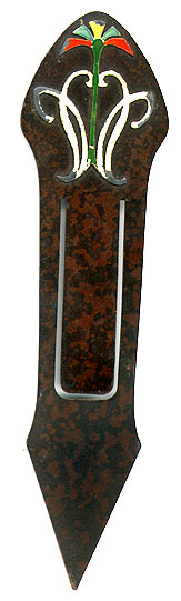 This bookmark was made in the US by the Heintz Art Metal Shop. It is unmarked. The top is enamel paint over sterling. The bookmark is bronze with a florentine brown finish. The date is 1910 - 1920.