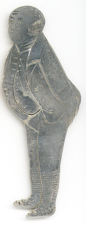 This bookmark was made in the US by J. F. Fradley & Co., a small New York silver manufacturer in business from 1870 - 1936. It is in the shape of a man, Samuel Pickwick, from the book The Pickwick Papers by Charles Dickens. It is marked Sterling, the cross hallmark, 1863 and 1. Also inscribed on the back is "Pickwick". Date is 1890 - 1936.
