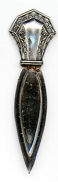 This bookmark is American made by the Webster Company. It is marked with the makers hallmark and Sterling. This bookmark is from 1913. It was part of a novelty set of 6 pieces and was originally sold as a letter opener.