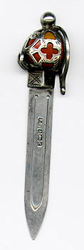 This bookmark was made in England. It has the hallmarks for Birmingham and the date 1902. It is in the shape of a sword with an agate bead in the handle.