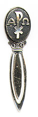 This bookmark was made in the US by Creed. It is marked Creed Sterling on the back. The top has some greek letters, alpha and omega with another symbol between them. The date is 1970 - 1980.