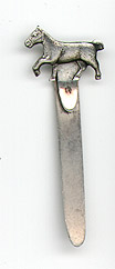 This bookmark was made in the US by an unknown manufacturer. It is only marked sterling. The top is a figural horse. The date is 1920 - 1930.