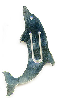 This bookmark was made in the US by Tiffany and Co. It is marked with the makers hallmark. It is a figural dolphin. The date is 1980 - 1990.