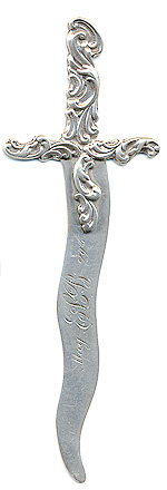  This bookmark was made in the US by an unknown manufacturer. It is marked sterling 1651 on the back. It is in the shape of a dagger with an art nouveau handle and top blade. The long blade is inscribed May ELB 29th. The date is 1900 - 1910.  