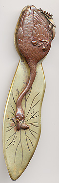 This bookmark was made in Japan of copper and brass. The top clip is a stork eating a fish. The date is 1900 - 1910.