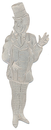 This bookmark was made in the US by J. F. Fradley & Co., a small New York silver manufacturer in business from 1870 - 1936. It is in the shape of a man, Mr. Micawber, from the Charles Dickens book. It is marked Sterling and the cross hallmark. Also inscribed on the back is "Mr. Micawber". Date is 1890 - 1936.