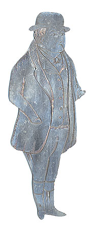  This bookmark was made in the US by J.F. Fradley. It is marked on the back with sterling, the manufacturers hallmark of a cross, the number 1863, and Tony Weller. This is a figure of the Dickens character Tony Weller, father of Sam Weller from the book "The Pickwick Papers" The date is 1890 - 1936.  