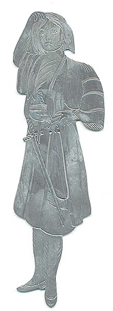  This bookmark was made in the US by J.F. Fradley. It is marked on the back with sterling, the manufacturers hallmark of a cross, the numbers 1864 and 18, and Viola. This is a figure of the Shakespeare character Viola from the play "Twelfth Night." The date is 1890 - 1936.   