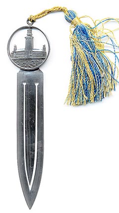  This bookmark was made in Sweden. It has the Swedish hallmarks on the back and the date mark Z8 for 1950. The top is a cutout picture of Stadhuset, the famous building of the City Hall on the island of Kungsholmen. It also has a gold and blue silk tassel, the colors of the Swedish flag.  