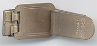  This bookmark was made in the US by Sapphire. It is marked Sapphire and PATENTED 2387607. It is a gold plated bookmark that clips onto the book cover and then extends over the page with the flap. It can extend to 2 inches. The date of the patent is Oct. 23, 1945 by Alex Pascoo.   