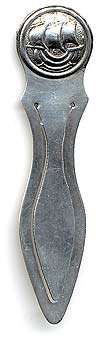  This bookmark was made in Sweden. It is marked with the Swedish hallmarks and X8, the date mark, GVH the manufacturers mark and a tulip which is probably a city mark. The top has a picture of a sailing ship. The date is 1948.   