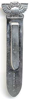  This bookmark was made in Sweden. It is marked with the Swedish hallmarks and C9, the date mark, EBIF the manufacturers mark and F which is a city mark for Falk&ouml;ping. The top has a picture of an owl. The date is 1953.   