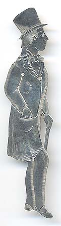  This bookmark was made in the US by J.F. Fradley. It is marked on the back with sterling, the manufacturers hallmark of a cross, the number 6, and Mr. Snodgrass. This is a figure of the Dickens character Mr. Snodgrass, a shady character from the book "The Pickwick Papers" The date is 1890 - 1936.     