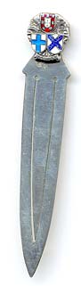  This bookmark was made possibly made in France or Portugal. It has two small hallmarks. The top is an enamel design of a three shields. The number 1140 also appears above the lower left shield. The date is 1950 - 1970.     