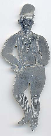  This bookmark was made in the US by J. F. Fradley & Co., a small New York silver manufacturer in business from 1870 - 1936. It is in the shape of a man, Sam Weller, the servant of Samuel Pickwick from the book The Pickwick Papers by Charles Dickens. It is marked Sterling, the cross hallmark, 1863 and The Metcalf Co. Also inscribed on the back is "Sam Weller". Date is 1890 - 1936.      