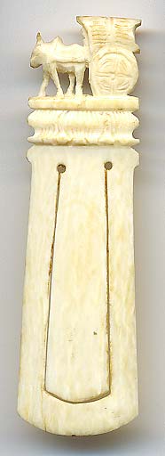  This bookmark was possibly made in India or China. It is made of bone or ivory and shows a donkey pulling a wagon on the top. The date is unknown.     