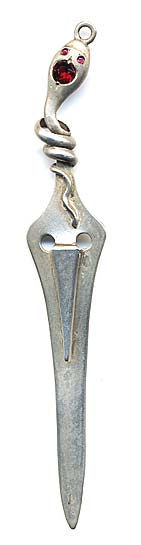  This bookmark was made in the US by an unknown manufacturer. It is marked only sterling on the back. The top is a figural snake with a ruby head and red eyes coiled around the top of the bookmark. The date is 1900 - 1910.   
