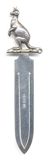  This bookmark was made in Birmingham, England by Adie and Lovekin. It is hallmarked for 1911 and has a figural kangaroo on top.   
