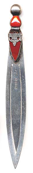  This bookmark was made in Birmingham, England. It is marked with the standard English hallmarks and the makers mark. This piece has agate inlays on the top. The date is 1887.   