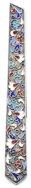  This bookmark was made in Russia by Kavakov Seman 1889-1908 as shown in Faberge Imperial Jewellers by Geva Von Hadsburgh. It has an ornate cloisenne enamel design on the front and back.  